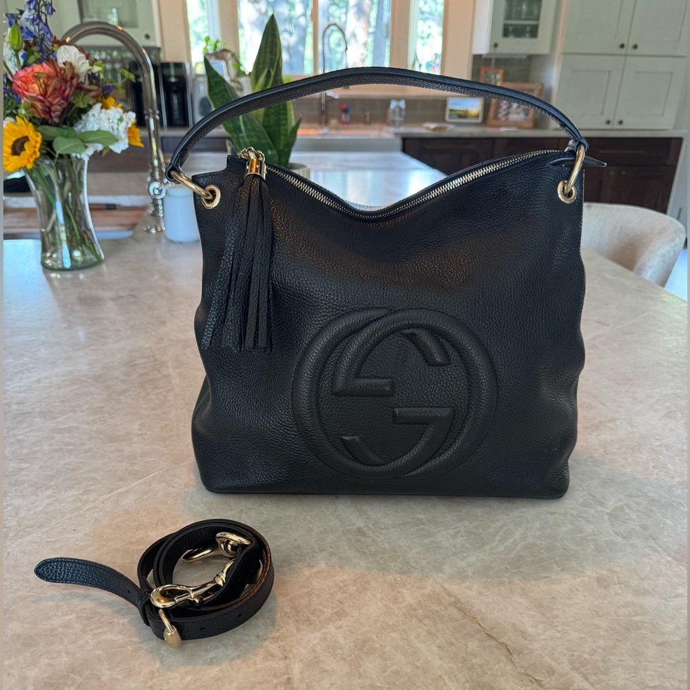 Gucci Black Pebbled Leather “ Large Hobo “ Bag with Tassel